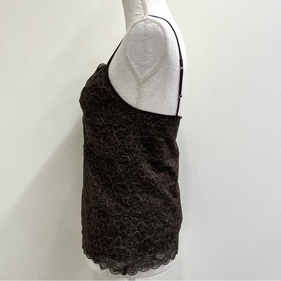 Express Y2K Vintage Lace Camisole Tank Chocolate Brown Ruched Neckline Medium - Picture 4 of 11